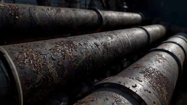 Corroded industrial metal pipes with rust texture in dark factory environment showing decay, aging steel surface and detailed oxidation