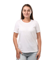 Obraz premium Woman in stylish t-shirt on white background. Mockup for design