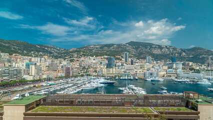 Fototapeta premium Monte Carlo city aerial panorama timelapse hyperlapse. Port Hercule from top.