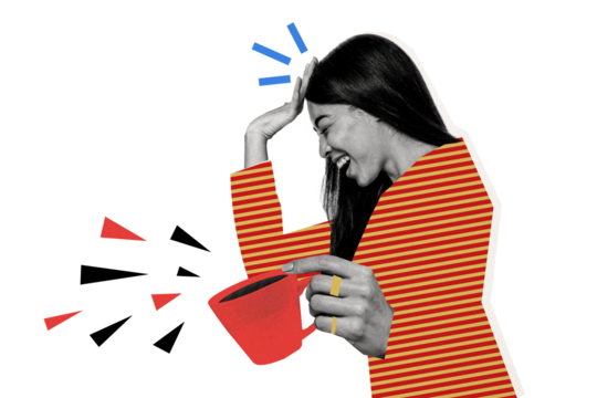 Composite photo collage of funny laugh girl hold hand rings cup pour coffee drops make pause enjoy beverage isolated on painted background - Powered by Adobe