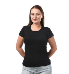 Fototapeta premium Woman in black t-shirt on white background. Mockup for design