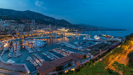 Panorama of Monte Carlo day to night timelapse from the observation deck in the village of Monaco with Port Hercules