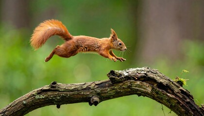 Obraz premium Alert Squirrel Leaping from Branch in Lush Green Forest with Telephoto Lens