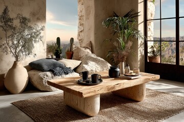 Minimal room with soft carpet and sculptural coffee table. Generative AI