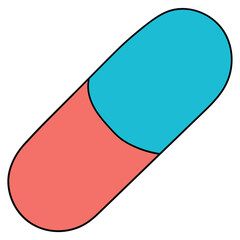 Hand-drawn cartoon blue and red pill capsule on a white background.