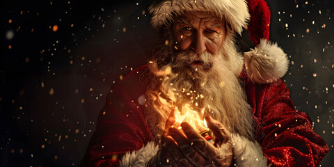 A portrait of a man with a long white beard and a red hat holding glowing particles, creating an enchanting visual in a dark, -like setting, evoking feelings of magic and wonder.