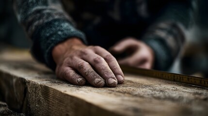 Close up of a craftsman s dirty hands measuring a wooden plank with a tape measure