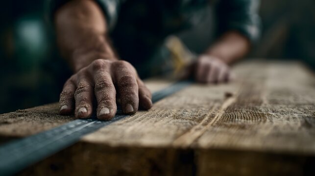 A carpenter s hands meticulously measure a wooden plank with a metal ruler in a workshop