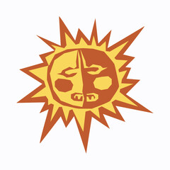 Stylized sun with a face isolated on white background, radiating warmth and light in a unique design