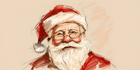 Portrait illustration depicts a jolly elderly gentleman with a prominent white beard and spectacles, wearing a red hat and coat, against a soft neutral backdrop, showcasing a warm, inviting...