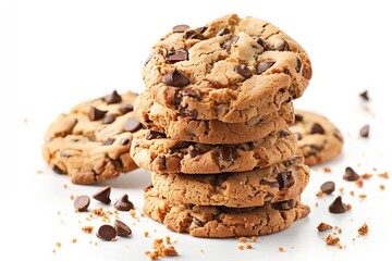 Stack of chocolate chip cookies with crumbs, isolated on clean white background, mockup food photography.
