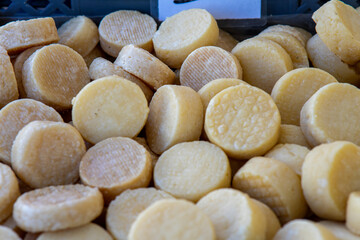 Alentejo sheep cheeses on a market stall, traditional Portuguese artisanal cheeses made from sheep milk, showcasing local culinary culture.