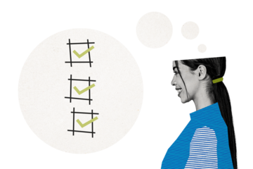 Composite photo collage of happy girl look checkmark approval vacancy success election decision option isolated on painted background