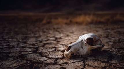 A desolate animal skull lies on parched cracked earth symbolizing drought and a harsh environment