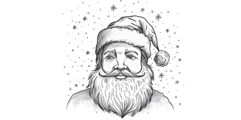 Detailed illustration of a jolly figure with a long, white beard and a festive hat, possibly representing the holiday season, is surrounded by delicate snowflake details against a clean, white...