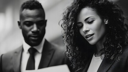 Two professionals a man and a woman intently reviewing documents together in a focused business setting