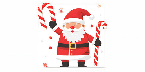 Cheerful cartoon character dressed in red attire, holding candy canes and decorated with festive elements like snowflakes and tiny red ornaments against a plain white background, evoking holiday...
