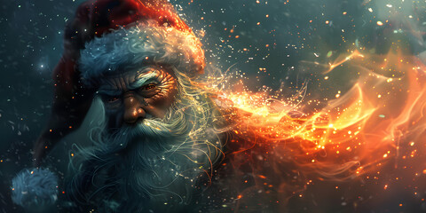 Captivating digital artwork presents an aged man in a red hat and a long, white beard, his stern expression contrasting with a vibrant, fiery energy swirling around him in a dynamic, atmospheric...