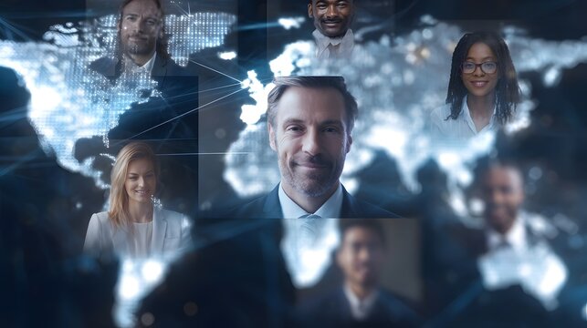 A diverse global business team connects remotely via video conference across a digital world map