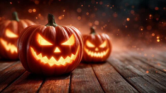 Carved pumpkins radiate warm glow, showcasing spooky expressions. Rustic wooden table setting highlights festive decor. Concept of Halloween, fall celebrations, autumn festivals