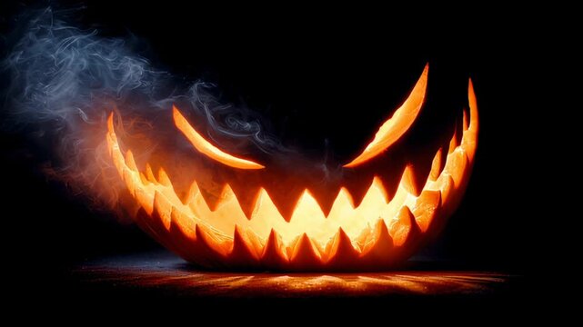 Glowing pumpkin with menacing grin emits smoke in dark setting. Eerie atmosphere with flickering light creates Halloween spirit. Concept for Halloween, festive decorations, seasonal events