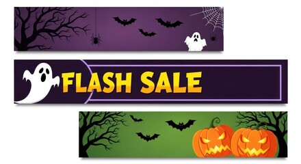 Vector art of halloween flash sale banner set with pumpkins, bats, ghosts and spider webs