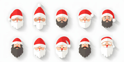 Collection of diverse Santa Claus face illustrations, each with unique expressions and beard styles, set against a clean white background.