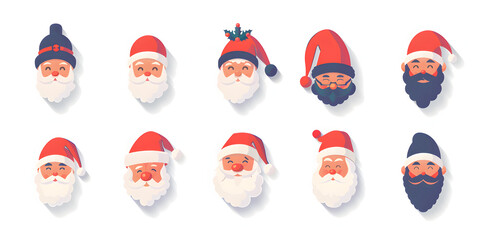 Collection of playful, colorful, flat-style Santa Claus face illustrations with various hat designs, beards, and expressions, arranged in a neat grid against a clean white background, showing a...