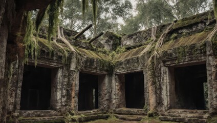 Ancient temple ruins in a jungle setting, with stone architecture and overgrown vegetation