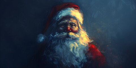 Elderly man with a long white beard and a red hat looks forward, with soft illumination and a moody, painterly style.