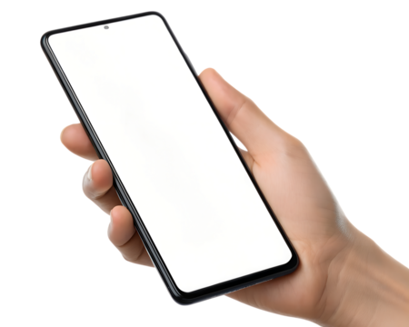 3d icon of hand holding a modern smartphone with a blank white screen isolated on transparent background - Powered by Adobe
