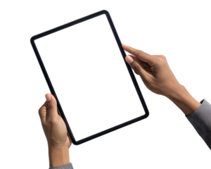 3d icon of hands holding a tablet computer with a blank screen isolated on transparent background
