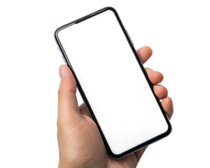 3d icon of hand holding a smartphone with a blank white screen isolated on transparent background