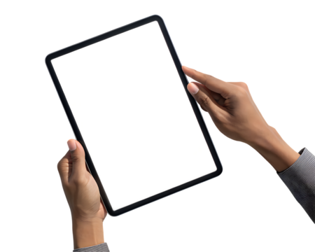3d icon of hands holding a tablet computer with a blank screen isolated on transparent background