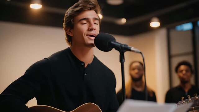 A singer auditions for a band in a rehearsal space, with a guitar strumming, a microphone stand wobbling, band members nodding, and sheet music scattered, captured in a melodic photo with string