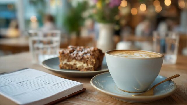 A sophomore organizes a planner in a cafe with coffee steaming, pastries crumbling, and students chatting nearby, rendered in a cozy photo with ink notes, foam swirls, and social ambiance.