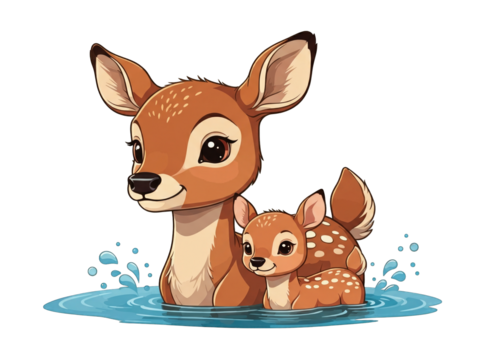 A charming illustration of a mother deer and her fawn wading in a serene pool of water.