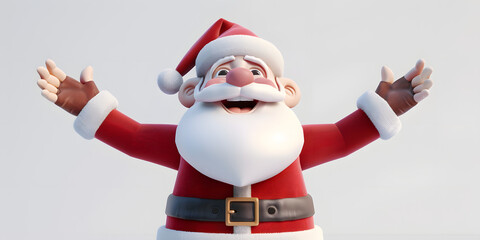 Cheerful figure with a white beard, wearing a red hat and suit, is captured in a medium shot with outstretched arms, showcasing a bright, festive design set against a clean