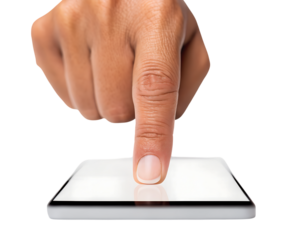 3d icon of finger pressing on a smartphone screen, isolated on transparent background