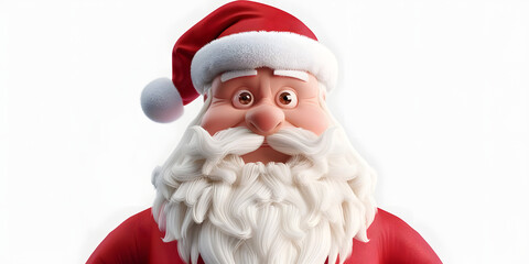 Festive character portrait features a jovial man in a red suit, complete with a fluffy white beard and matching hat, set against a clean, bright white background, celebrating a seasonal holiday.