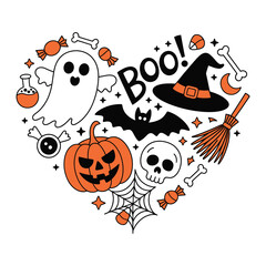 Cute Halloween Heart Vector Illustration, Ghost Pumpkin Candy T-shirt Design with Skull and Witch Hat