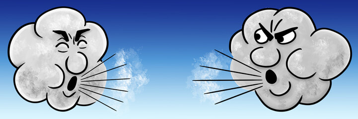 illustration of two gray cartoon clouds blowing wind in blue sky