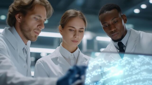 Scientists working in futuristic biotechnology environment with glowing DNA sequencing holograms projected above sleek lab equipment, representing molecular science, healthcare transformation, and
