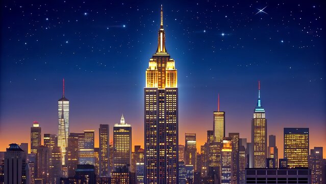 Iconic Empire State Building at Night in New York City Skyline 