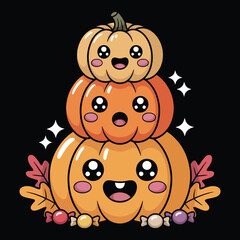 Kawaii Pumpkin Stack Vector Illustration, Cute Halloween Jack-o'-lantern T-shirt Design with Candy