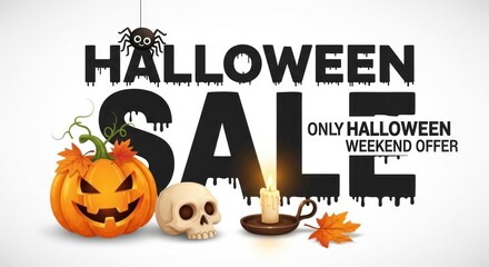 Vector art of halloween sale banner with pumpkin, skull, candle