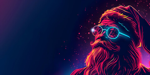 A vibrant, digital illustration depicts a stylized figure, likely a festive character, rendered in a neon, glowing style.
