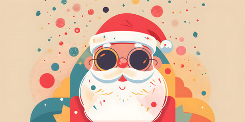 Whimsical illustration features a jolly figure with a large white beard and round sunglasses wearing a festive red hat, with vibrant colorful confetti and a joyful smiling expression, set against a...