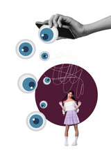 Composite trend artwork sketch photo collage of small young lady stand huge hand hold eyeball fall down smartphone display espionage spy