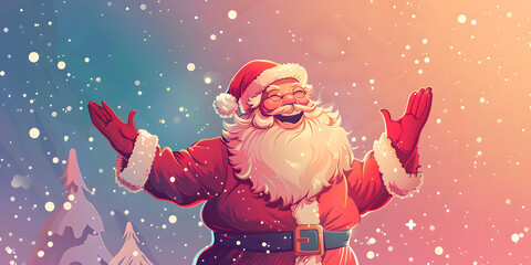 A cheerful figure in a red suit and hat joyfully embraces a snowy backdrop, their hands outstretched in a gesture of happiness and celebration, smiling warmly.
